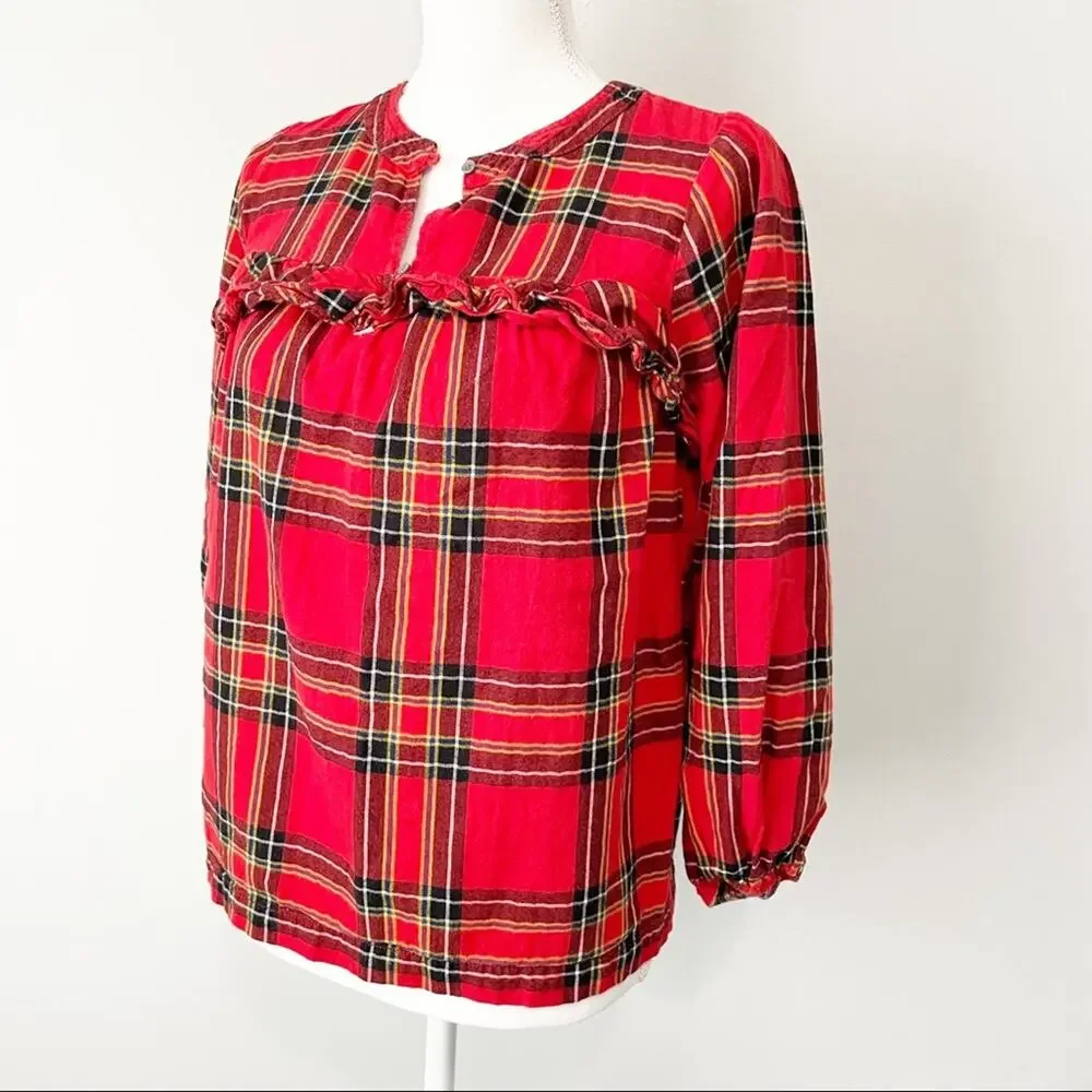 J Crew red plaid ruffle cotton top size XXS flannel classiccore preppy